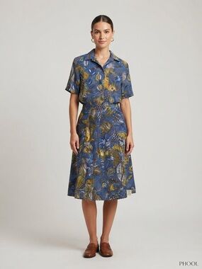 Vintage 90s Phool Blue Yellow Leaf Print Skirt Suit Set M NWT